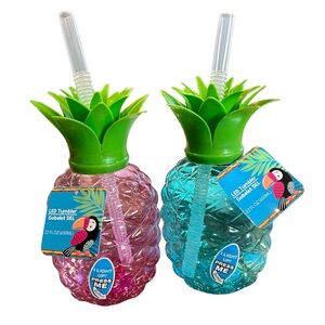 New 2 Pineapple Shaped 22oz Led Tumbler Drink Holder W Straw Party Pink & Blue